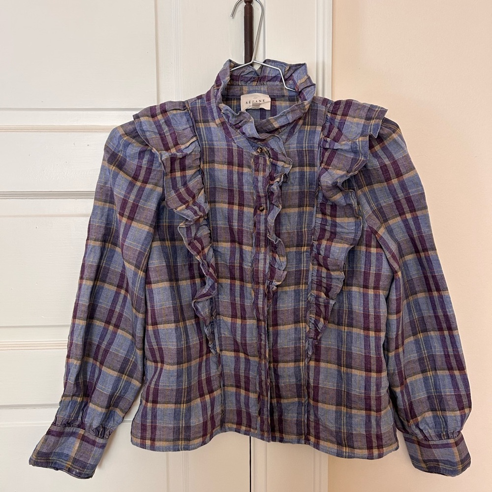 Sezane Jane Plaid Heavy Linen Button Down Shirt